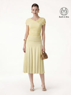 2Pcs Set Surplice V-Neck Bra Top & Side Ruched A-line Midi Skirt