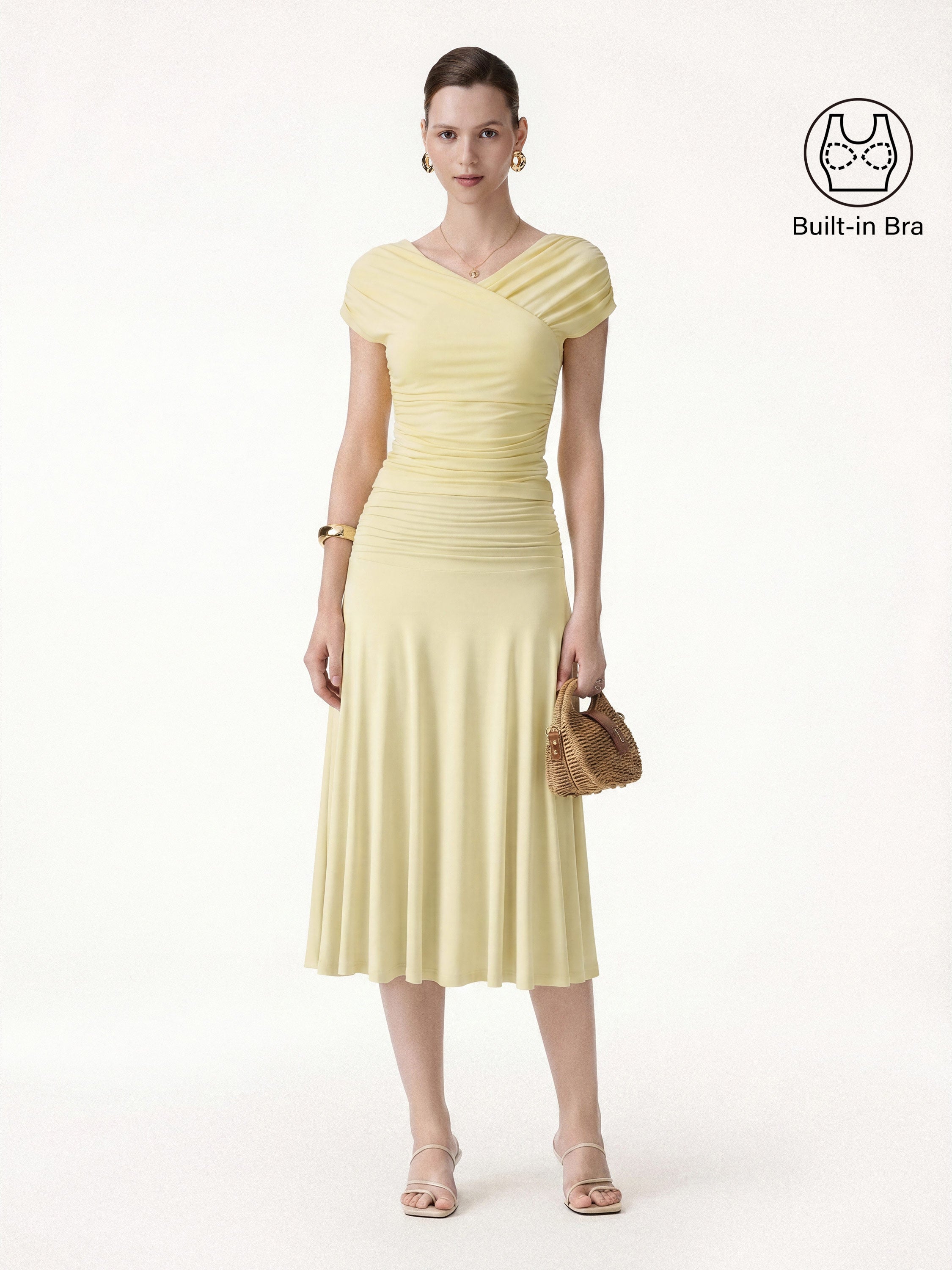 2Pcs Set Surplice V-Neck Bra Top & Side Ruched A-line Midi Skirt