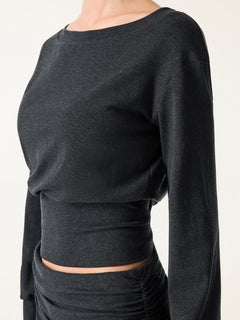 2Pcs Set Boatneck Bra & Drapey Wide Leg Pull-on Pants with Pockets