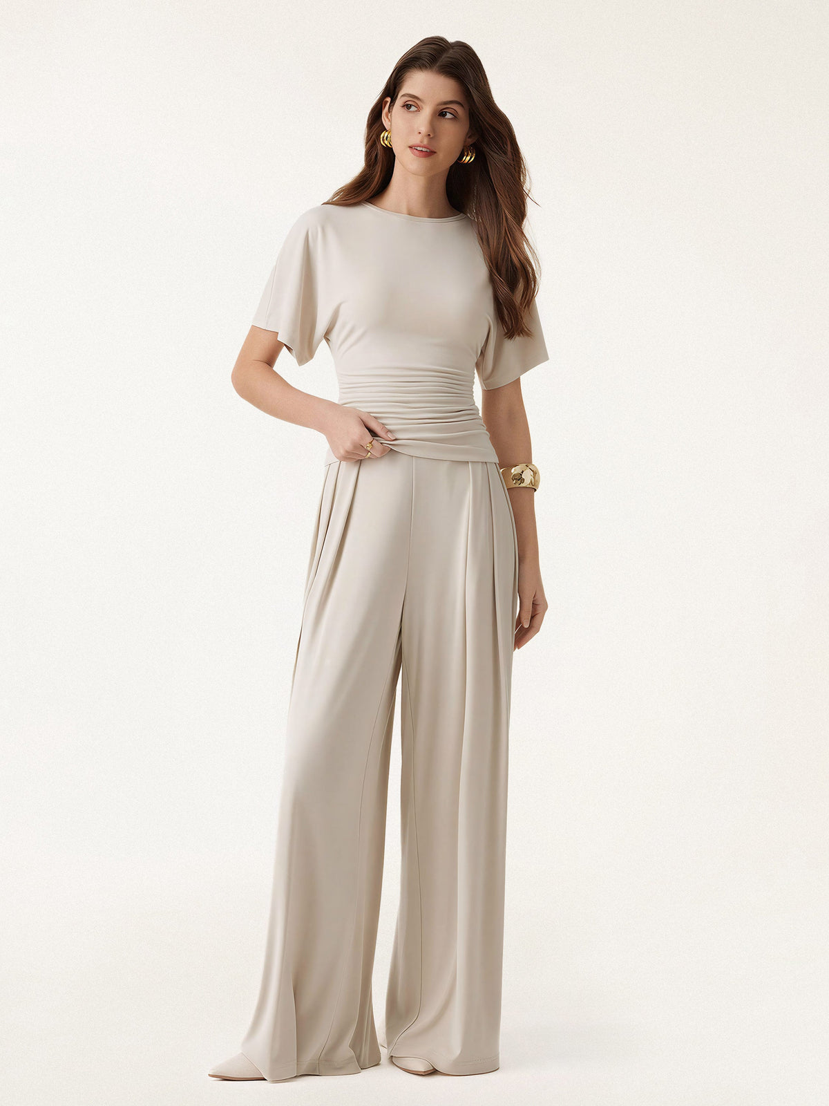 2Pcs Set Boatneck Sleeve Top & Wide Leg Palazzo Pant with Pockets