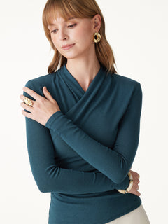 2Pcs Set Surplice Long Sleeve Top & A-Line Midi Skirt