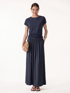 2Pcs Set Round Neck Top & A-Line Maxi Skirt