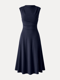 Viscose-Cotton Mock Neck Sleeveless Tucked Midi Dress