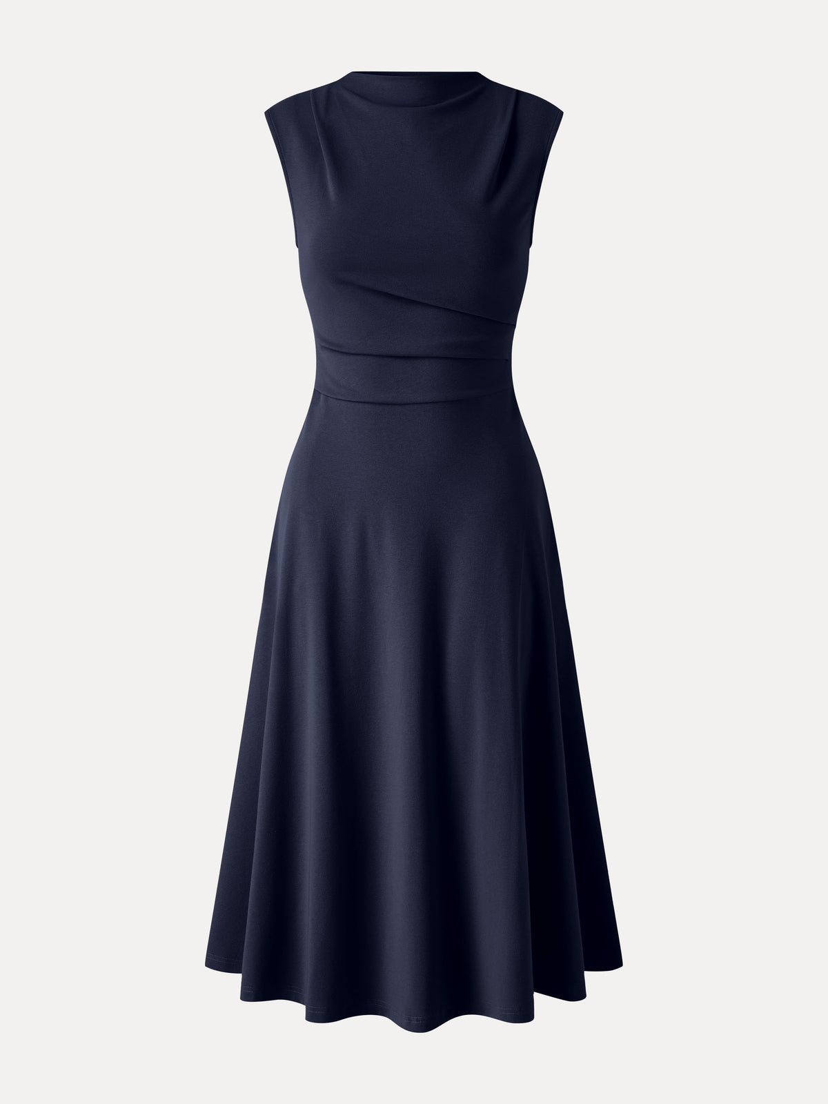 Viscose-Cotton Mock Neck Sleeveless Tucked Midi Dress