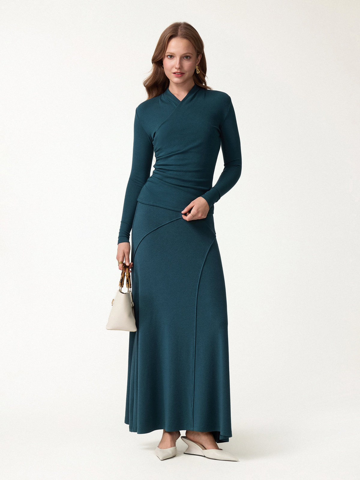 2Pcs Set Surplice Long Sleeve Top & A-Line Midi Skirt