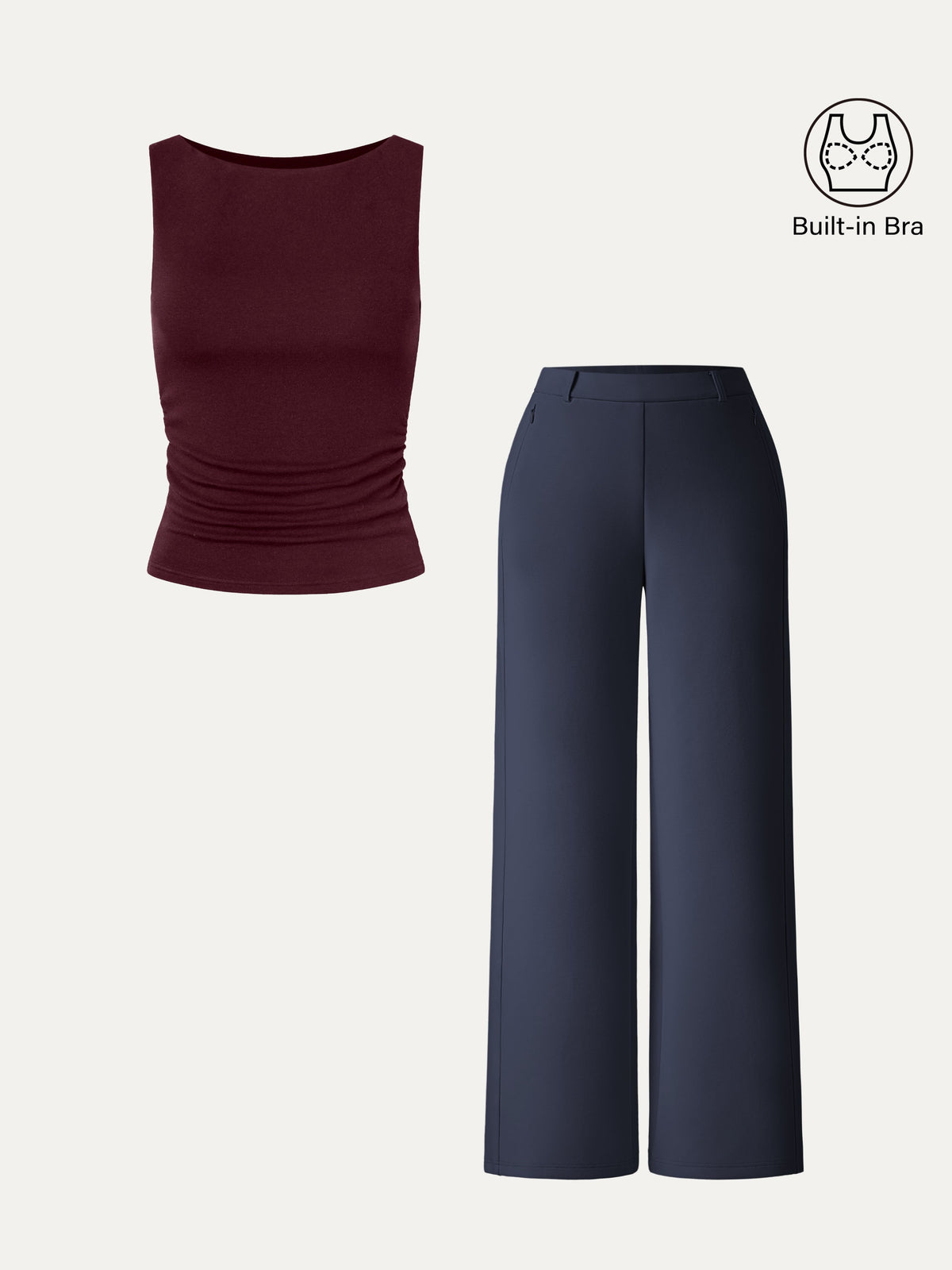 2Pcs Set Boat-Neck Tank Top & Slimming High Rise Wide Leg Pant