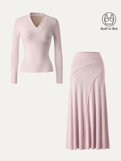 2Pcs Set V-neck Wide Binding Bra Top & Drapey A-Line Maxi Skirt