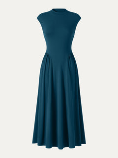Ponte Mock Neck Ruched A-Line Midi Dress with Pockets