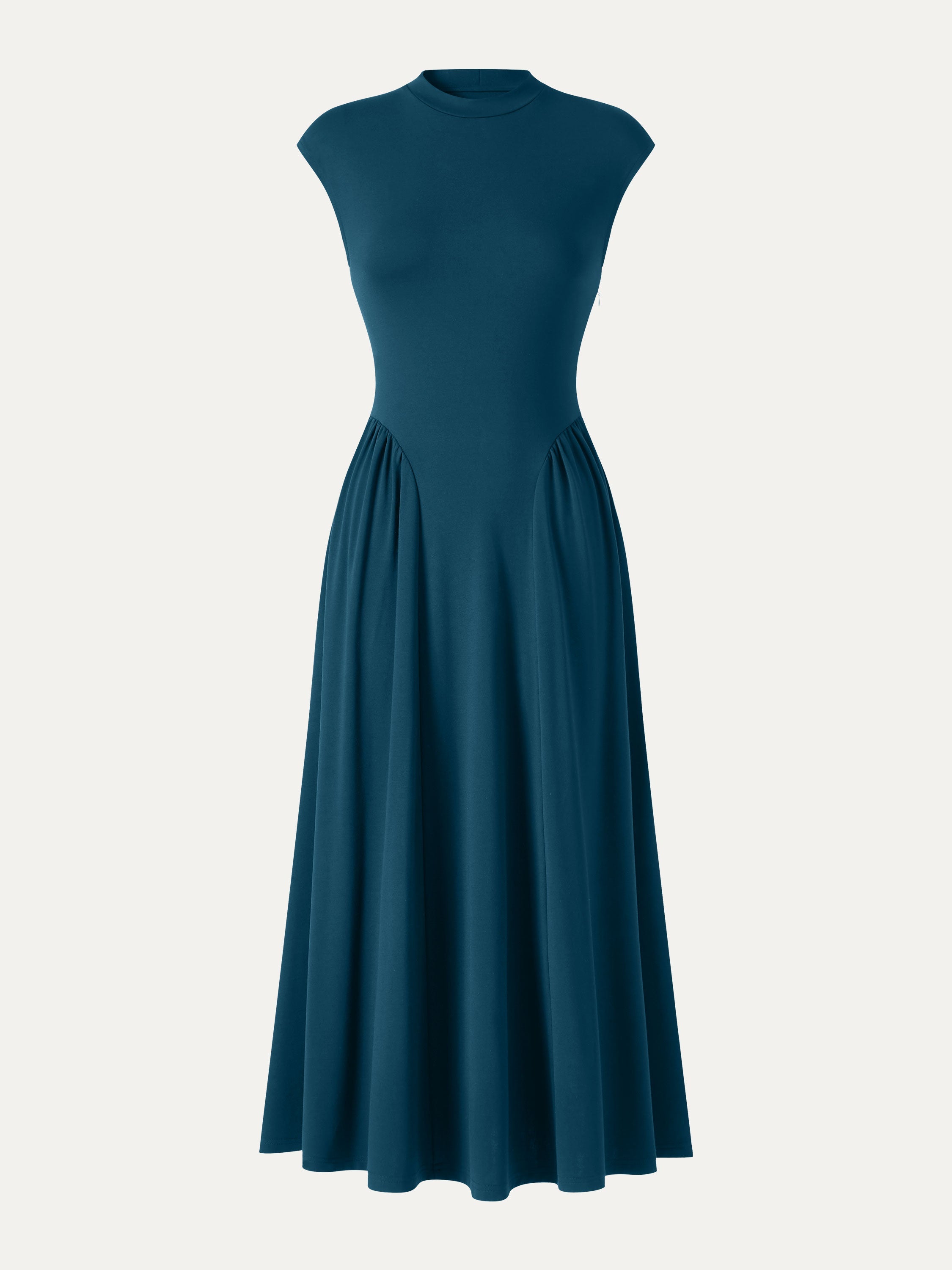 Ponte Mock Neck Ruched A-Line Midi Dress with Pockets