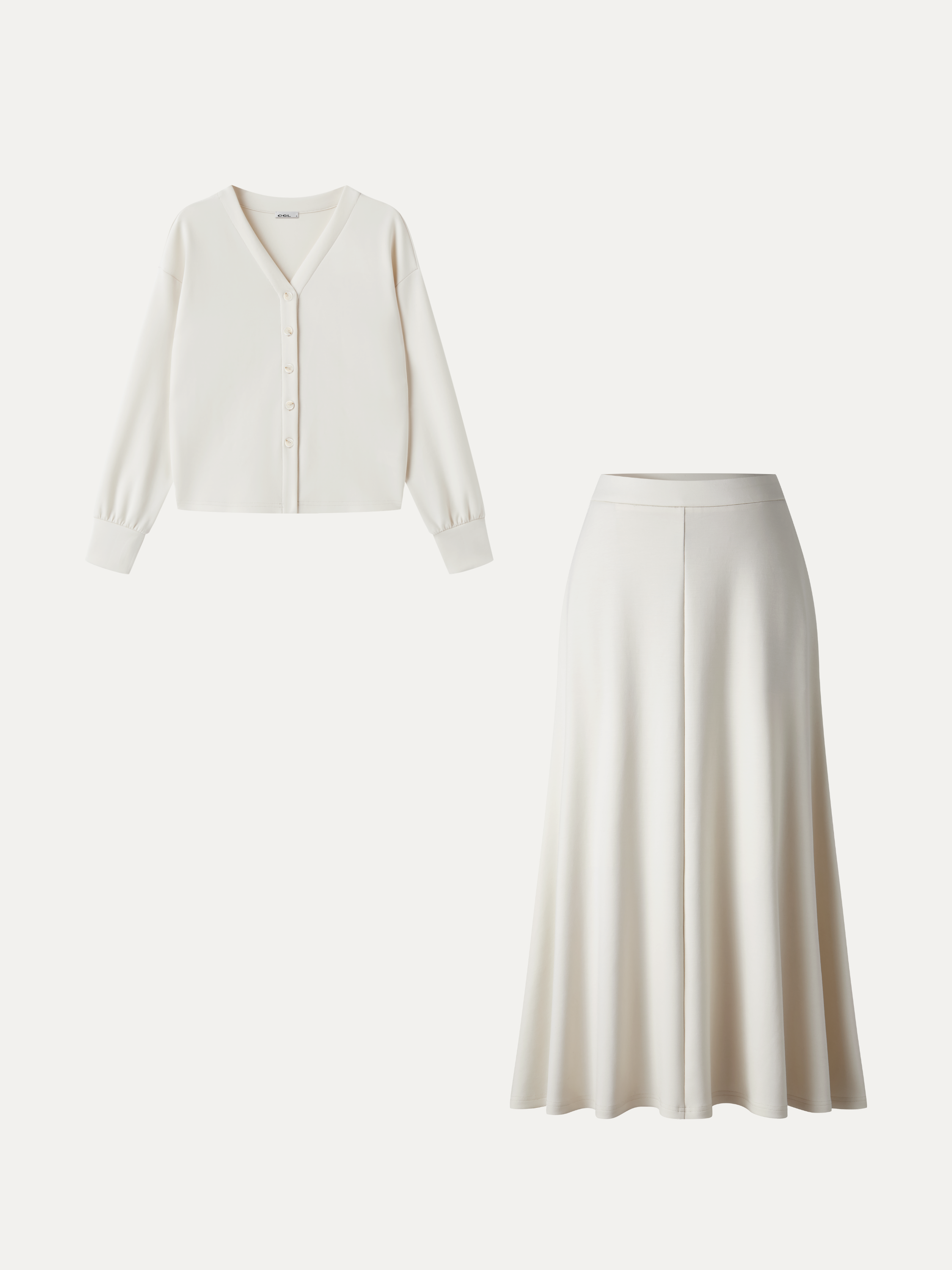 2Pcs Set V-Neck Long Sleeve Cardigan & Knit High-Rise Umbrella Midi Skirt with Pockets