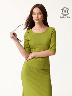 2Pcs Set Round Neck Elbow Sleeve Bra Top & Side-Slit A-Line Midi Skirt