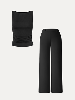 2Pcs Set Boat-Neck Tank Top & Slimming High Rise Wide Leg Pant