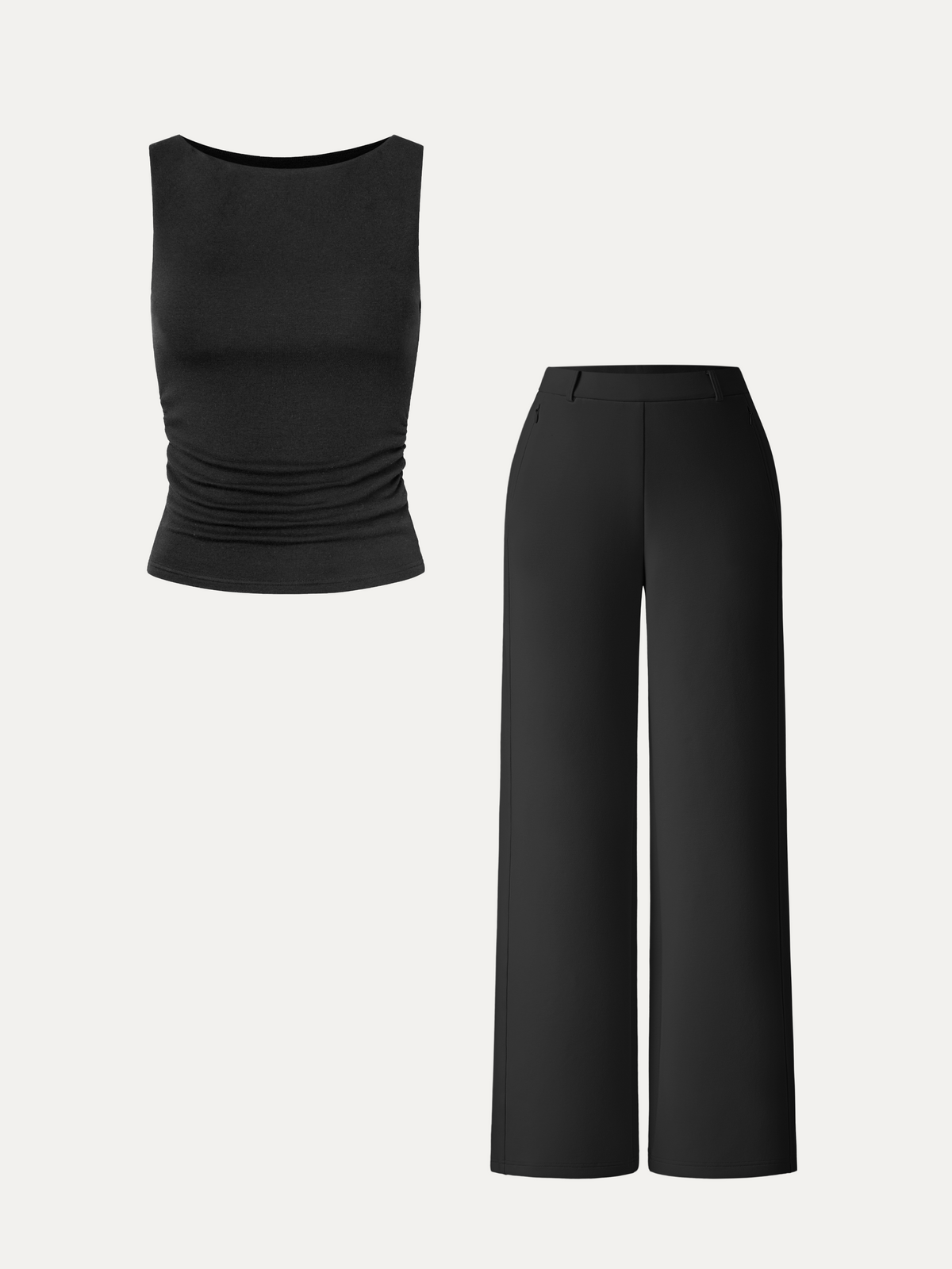 2Pcs Set Boat-Neck Tank Top & Slimming High Rise Wide Leg Pant