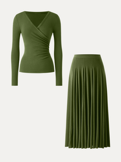 2Pcs Set Surplice Ruched Long Sleeve & Godet Hem Pull-on Maxi Skirt