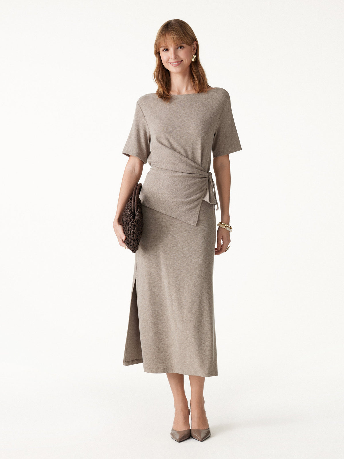 2Pcs Set Short Sleeve Tie-Side Top & Side-Slit A-Line Midi Skirt