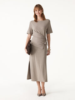 2Pcs Set Short Sleeve Tie-Side Top & Side-Slit A-Line Midi Skirt