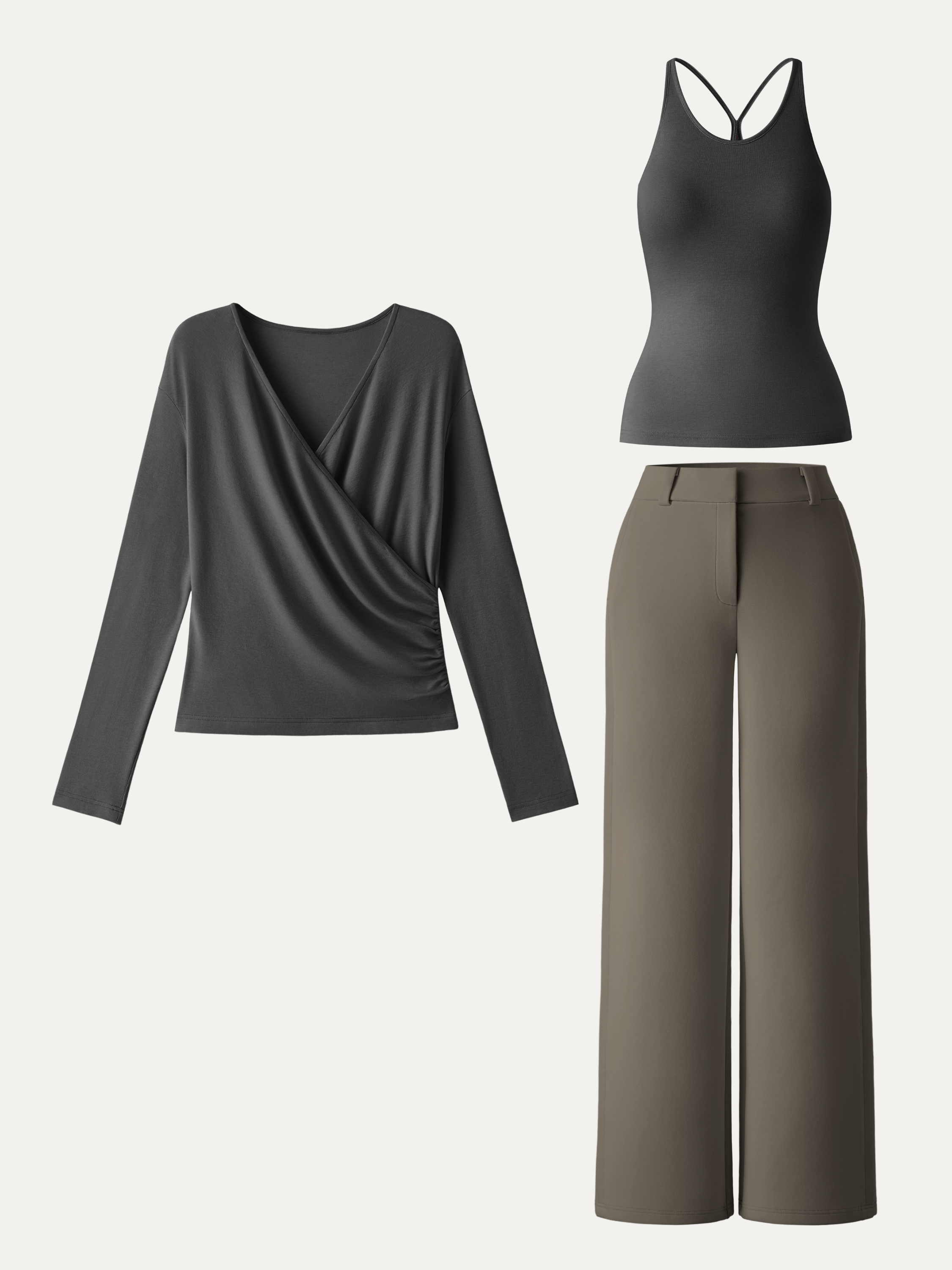 2Pcs Set Cami with Surplice Ruched Top & Mid Rise Fly-Front Wide Leg Trouser