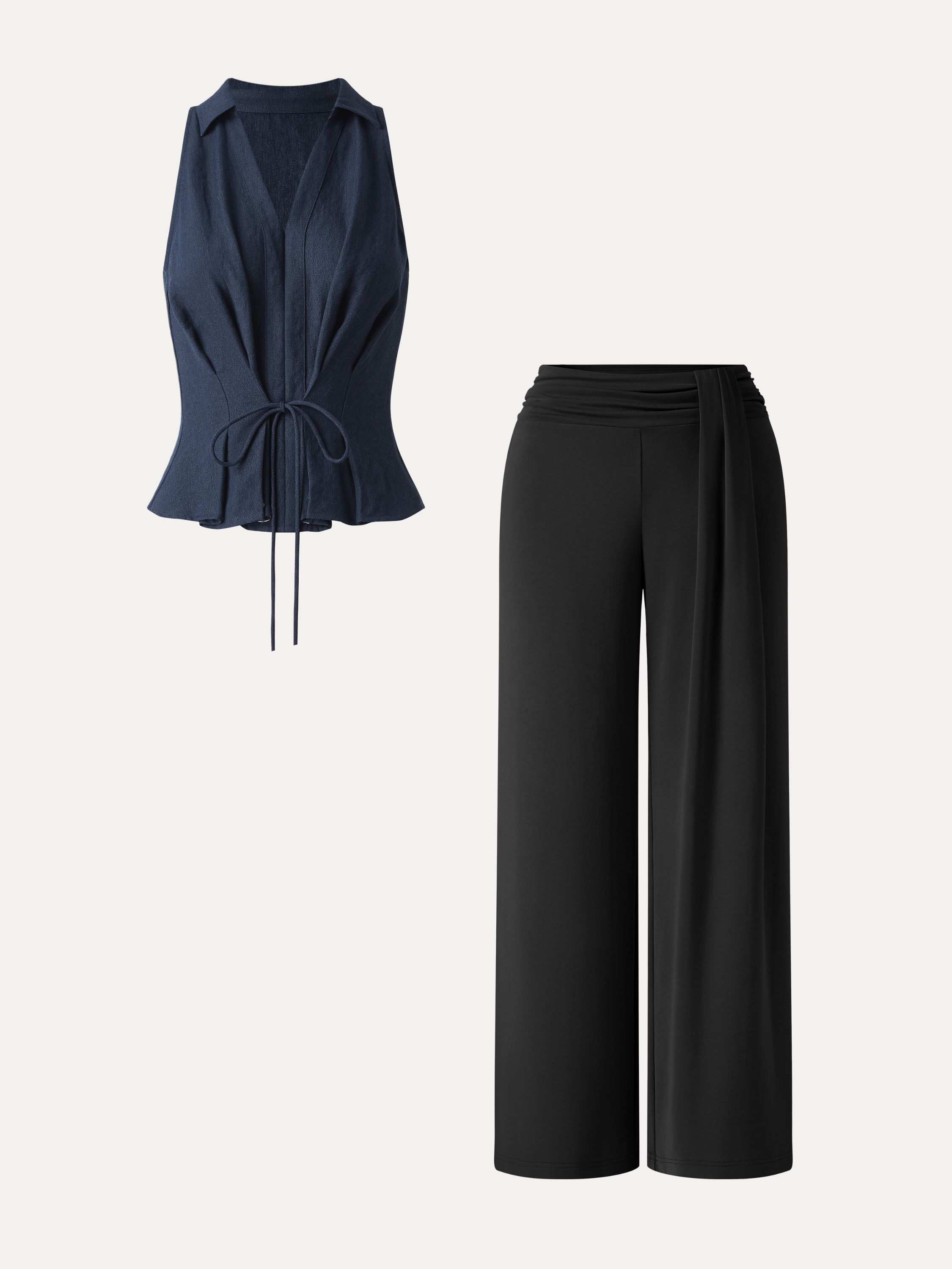 2Pcs Set Collared V-neck Top & Mid-Rise Wide-Leg Lounge Pants