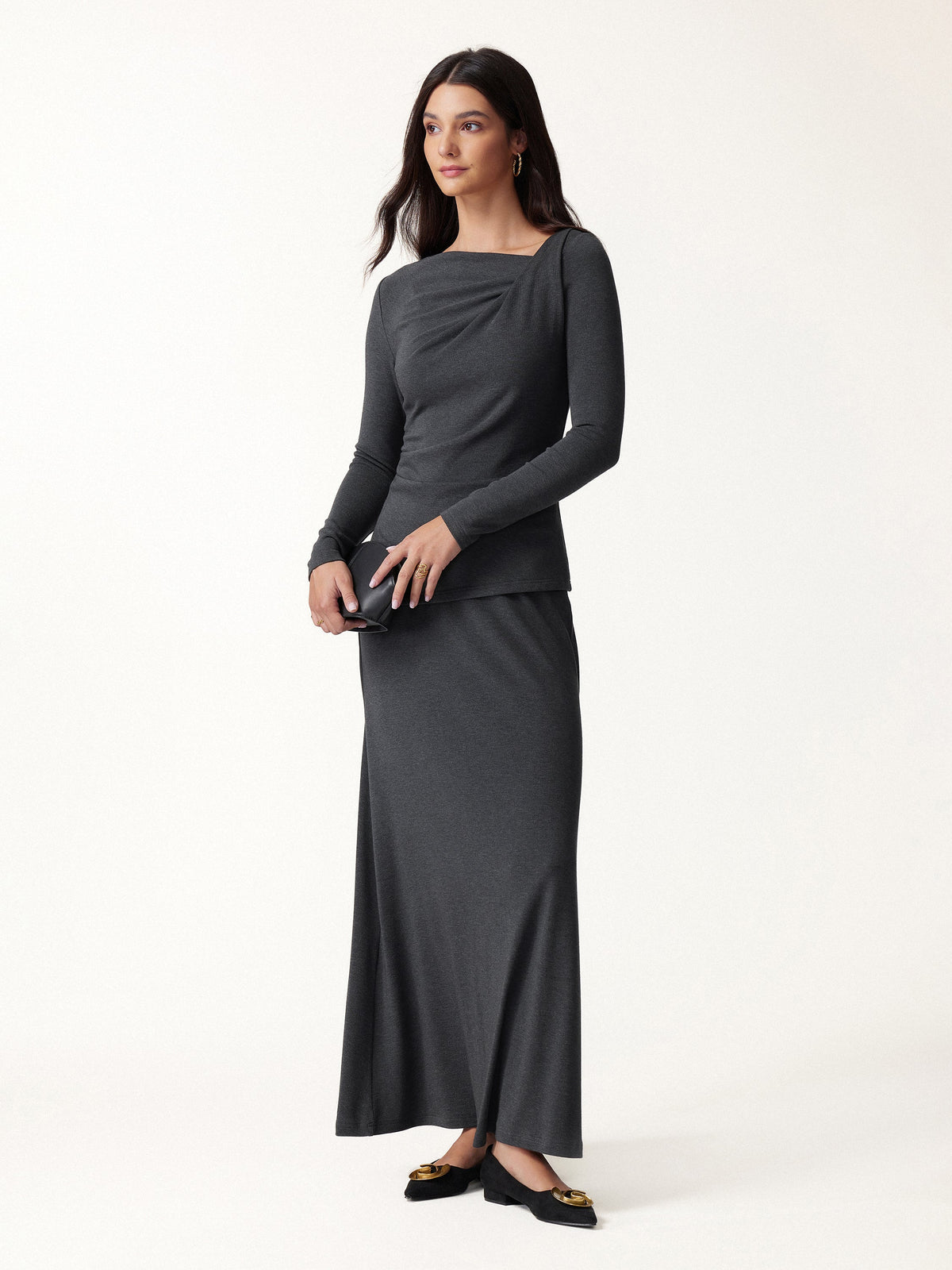 2Pcs Set Asymmetrical Neck Long Sleeve Top & High-Rise A-Line Maxi Skirt