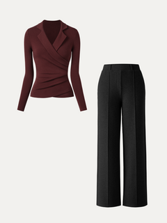 2Pcs Set Collared Surplice Top & High Waisted Straight Leg Pull On Pant
