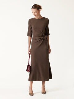Slub Ribbed Round Neck Elbow Sleeve Tie-Waist Midi Dress