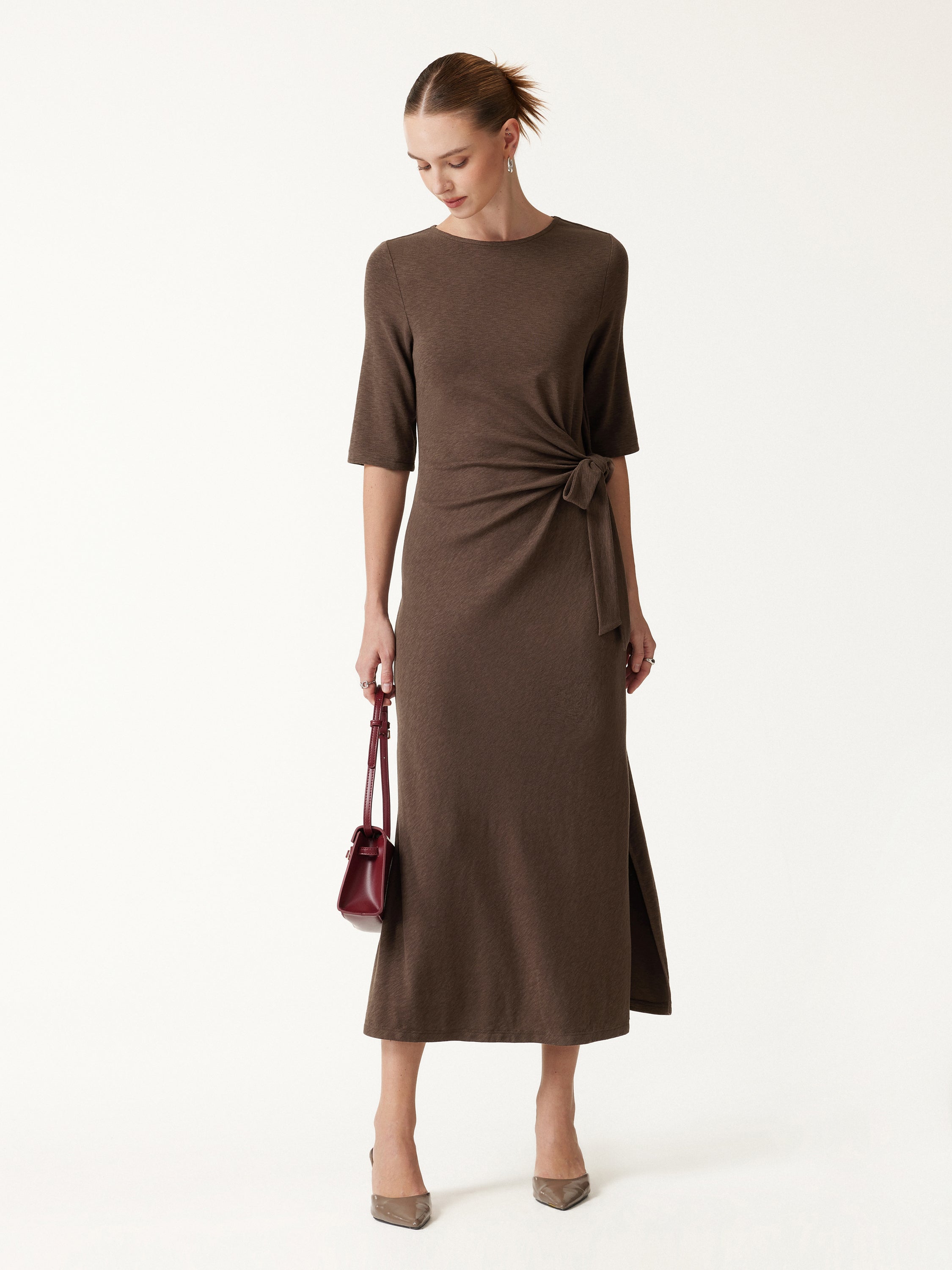 Slub Ribbed Round Neck Elbow Sleeve Tie-Waist Midi Dress