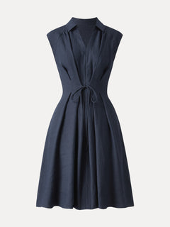 Viscose-Linen V-neck Midi Dress with Drawstring