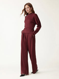 2Pcs Set Mock Neck Batwing Sleeve Top & High-Rise Wide-Leg Pants with Pockets
