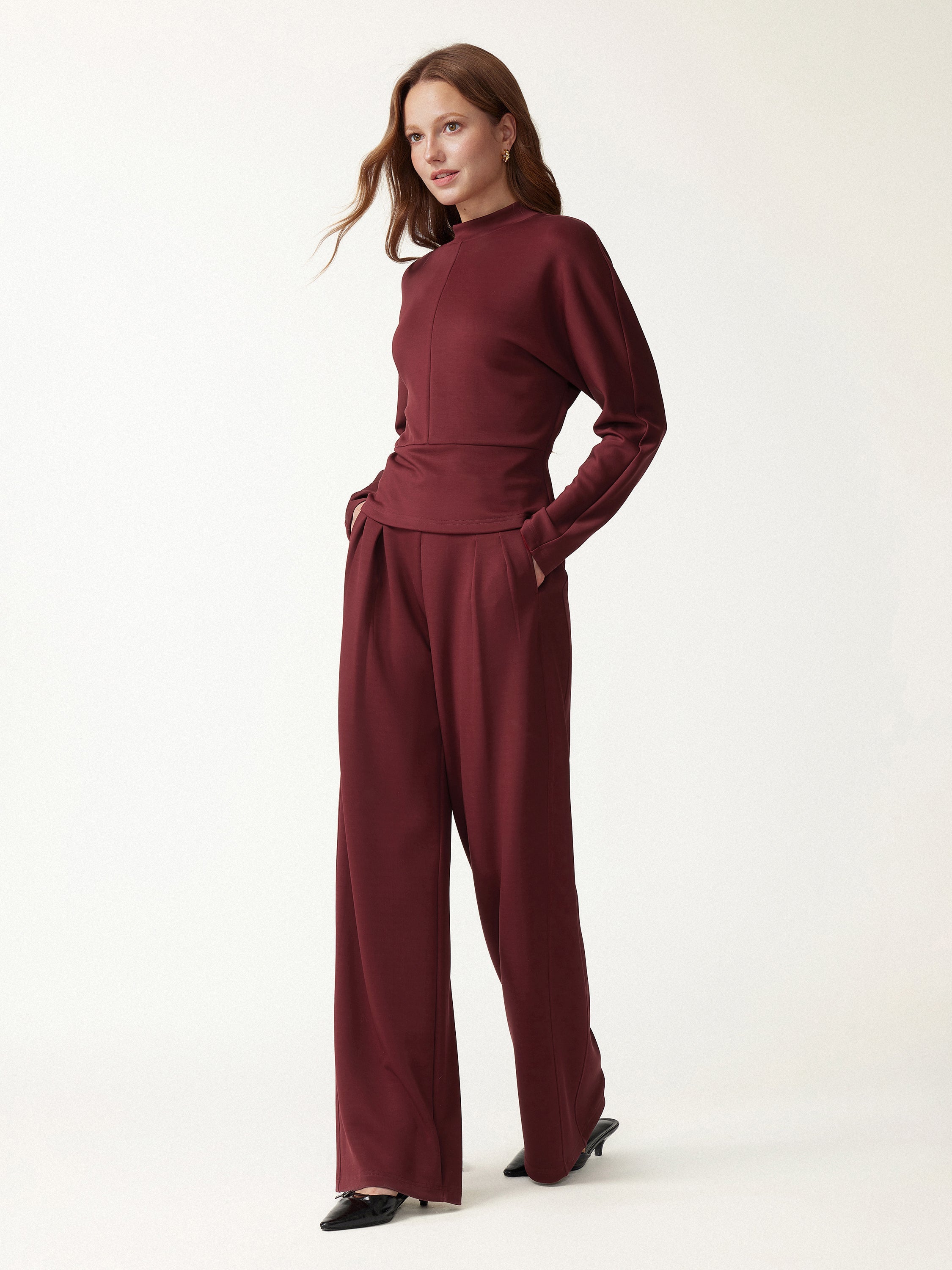 2Pcs Set Mock Neck Batwing Sleeve Top & High-Rise Wide-Leg Pants with Pockets
