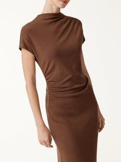 Eco-Mousse® Mock Neck Cap Sleeve Ruched Midi Dress