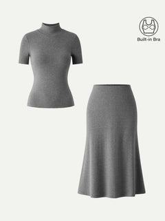2Pcs Set Mockneck Short Sleeve Bra Top & Pull-On Midi Skirt