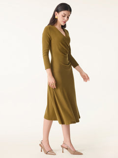 Eco-Mousse® Surplice 3/4 Sleeve Side-Tuck Midi Dress
