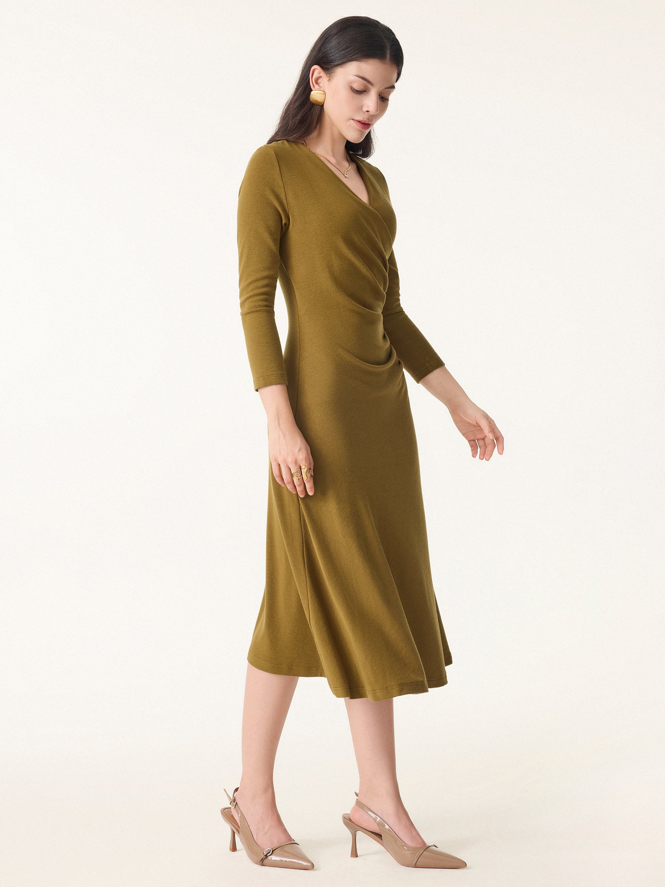 Eco-Mousse® Surplice 3/4 Sleeve Side-Tuck Midi Dress