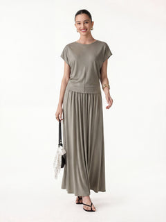 2Pcs Set Round Neck Top & A-Line Maxi Skirt