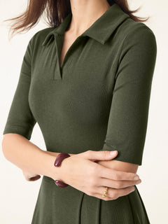 Polo Neck Elbow Length Sleeve Midi Bra Dress with Pockets