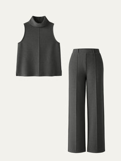 2Pcs Set Regular Split Hem Top & High Waisted Straight Leg Pant