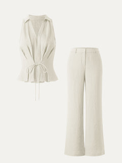 2Pcs Set Collared V-neck Sleeveless Top & Mid Rise Flared Pant with Pockets