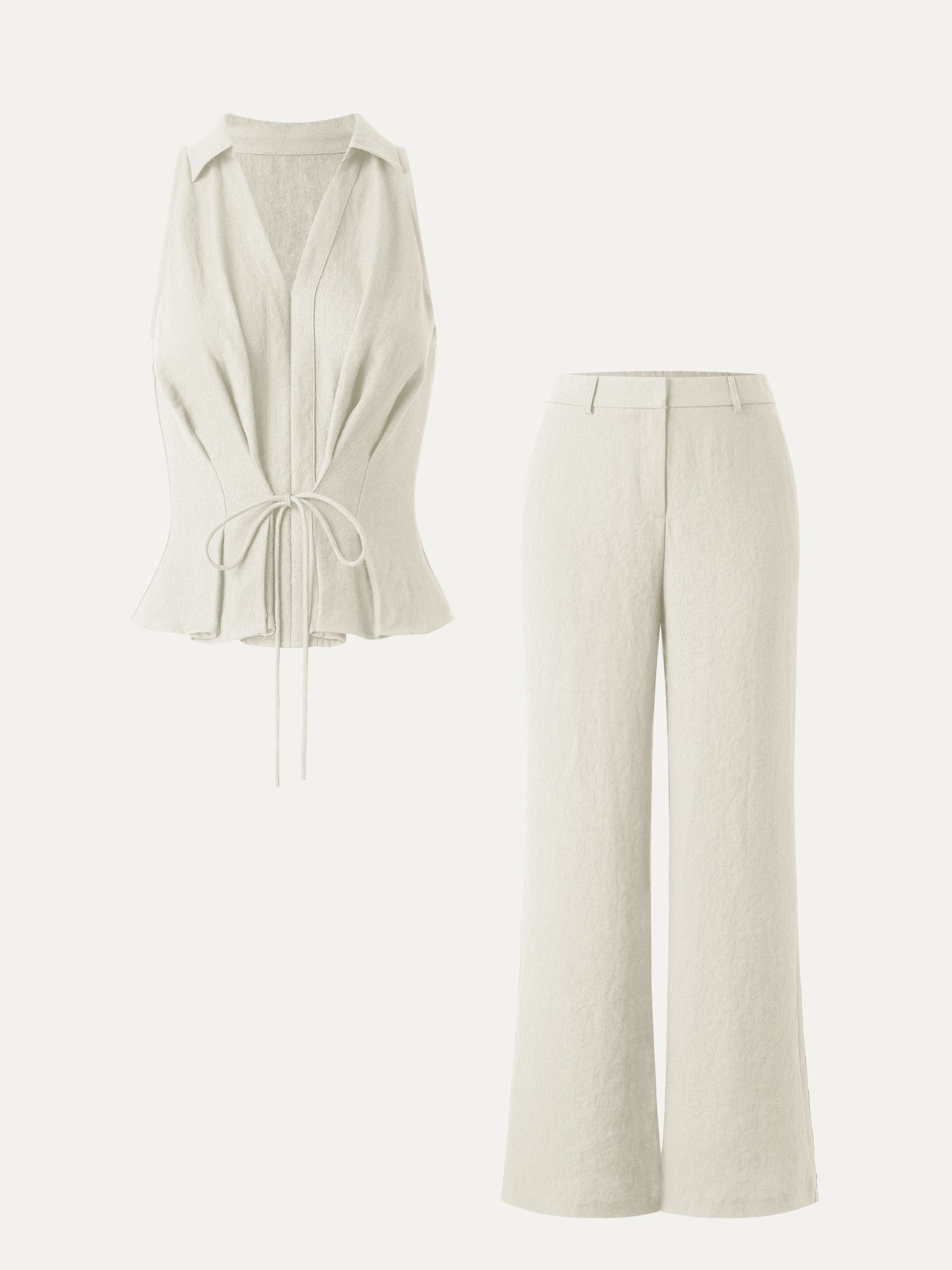 2Pcs Set V-neck Sleeveless Top & Mid Rise Flared Pant with Pockets