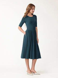 Eco-Mousse® Round Neck Elbow Sleeve Fit-and-Flare Midi Bra Dress with Pockets