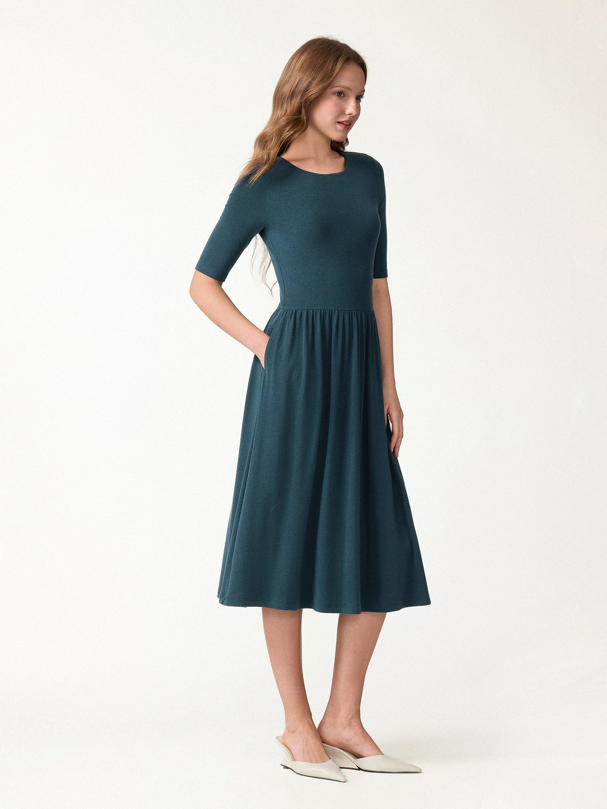 Eco-Mousse® Round Neck Elbow Sleeve Fit-and-Flare Midi Bra Dress with Pockets