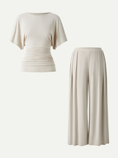 2Pcs Set Boatneck Sleeve Top & Wide Leg Palazzo Pant with Pockets