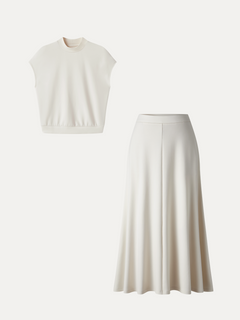 2Pcs Set Mock Neck Cap Sleeve Top & Umbrella Midi Skirt with Pockets