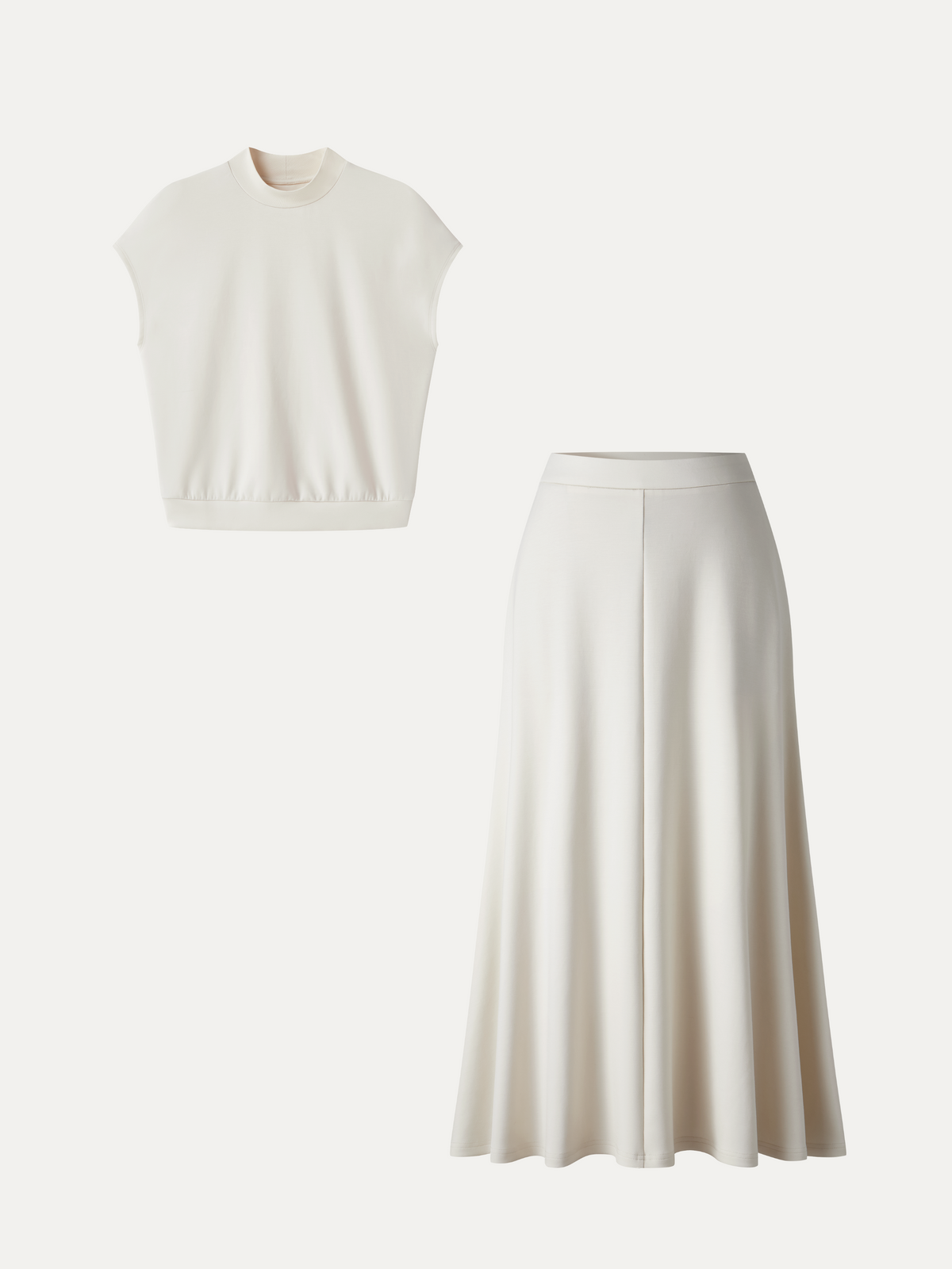 2Pcs Set Mock Neck Cap Sleeve Top & Umbrella Midi Skirt with Pockets
