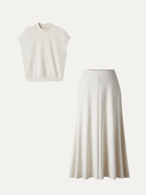 2Pcs Set Mock Neck Cap Sleeve Top & Umbrella Midi Skirt with Pockets