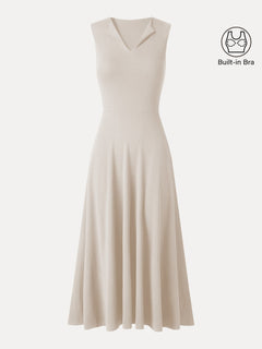 Ribbed Collared V-Neck Sleeveless A-Line Midi Bra Dress with Pockets