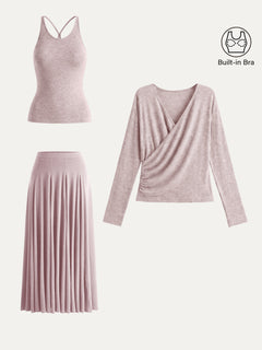 3Pcs Set Cami & Surplice Ruched Top & Godet Hem Maxi Skirt