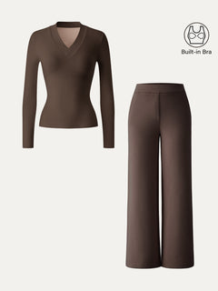 2Pcs Set V-neck Slimming Bra Top & Mid Rise Straight Pant with Pockets