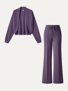 2Pcs Set Long Sleeve Drop-Shoulder Cardigan & High-Rise Flare Pants with Pockets