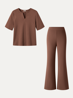 2Pcs Set V-Neck Short Sleeve Top & High-Rise Wide-Leg Pants with Pockets