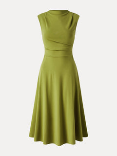 Viscose-Cotton Mock Neck Sleeveless Tucked Midi Dress